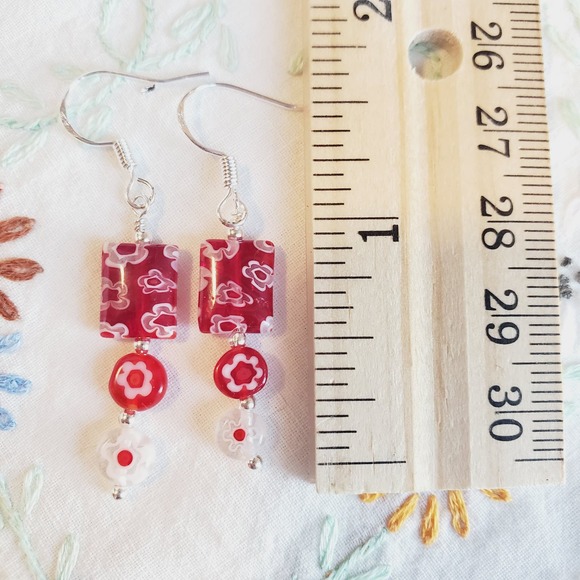 Beaded Millefiori Earrings Red with White Flowers and Silver Tone Hooks Handmade - Picture 2 of 3